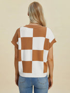 Double Take Checkered Round-Neck Short-Sleeve Sweater - Whispering Desires Shoppe