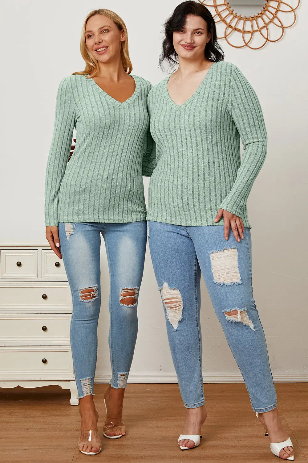 Basic Bae Ribbed V-Neck Long Sleeve Tee - Whispering Desires Shoppe