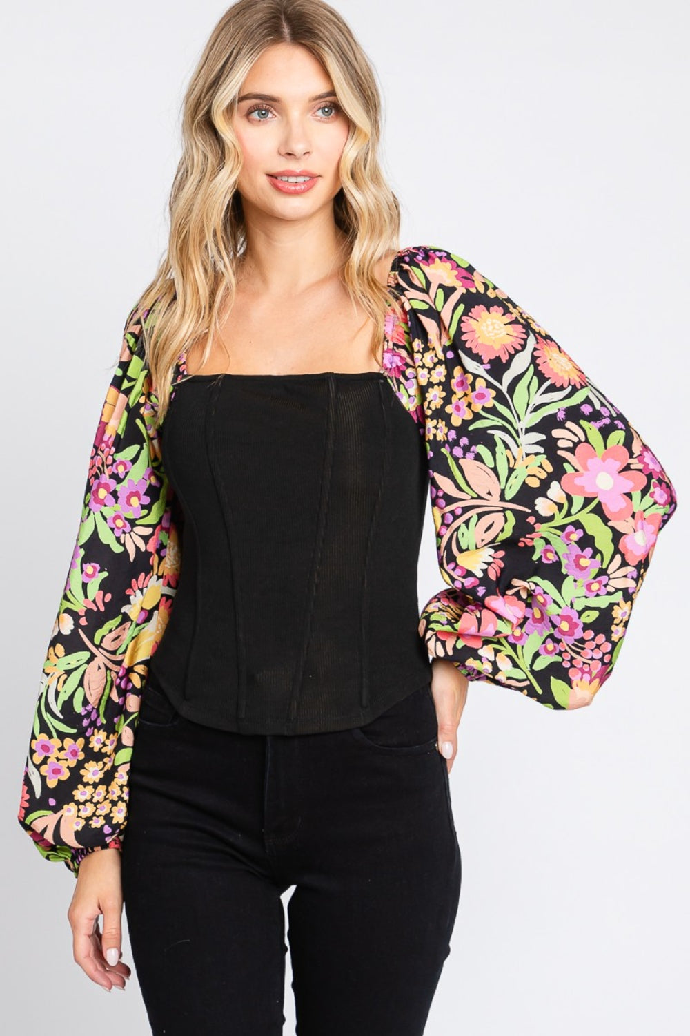 ODDI Full Size Floral Balloon Sleeve Blouse - Whispering Desires Shoppe