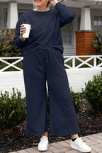 Double Take Full Size Textured Long Sleeve Top and Drawstring Pants Set - Whispering Desires Shoppe