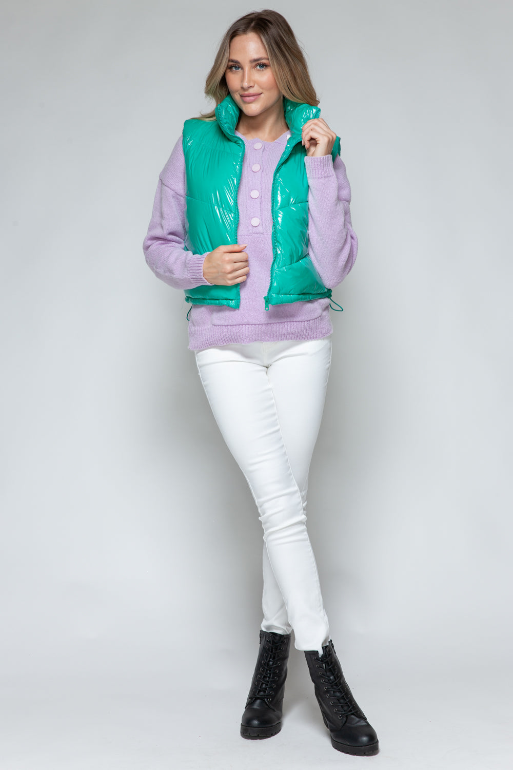 Snobbish Zip Up Turtleneck Shiny Quilted Vest - Whispering Desires Shoppe