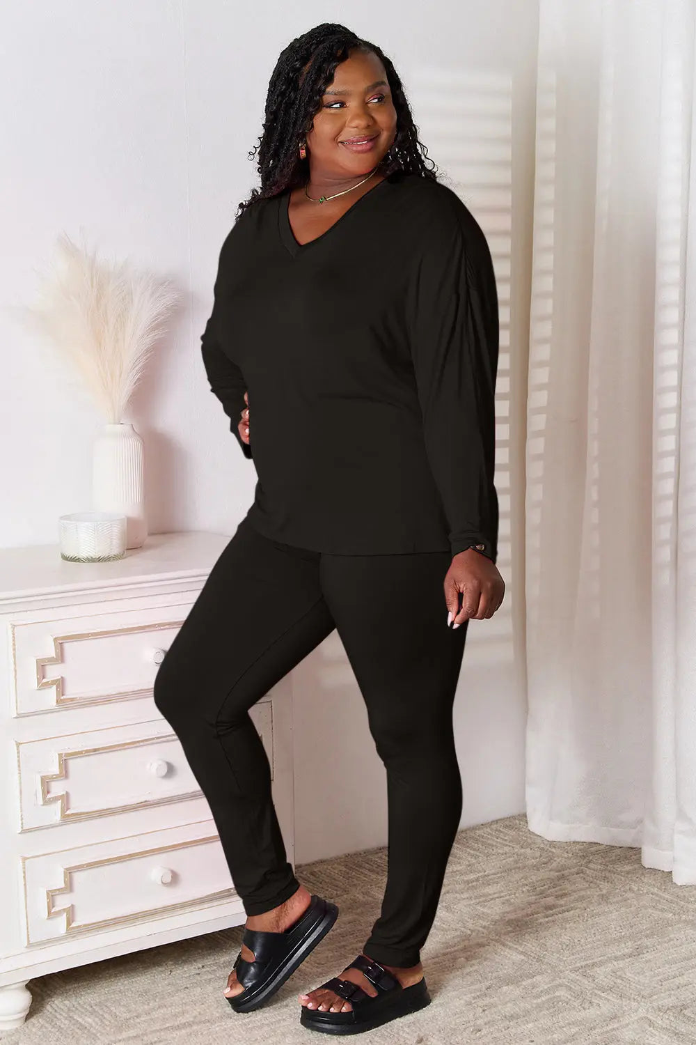 Basic Bae V-Neck Lounge Set – Soft Long Sleeve - Whispering Desires Shoppe