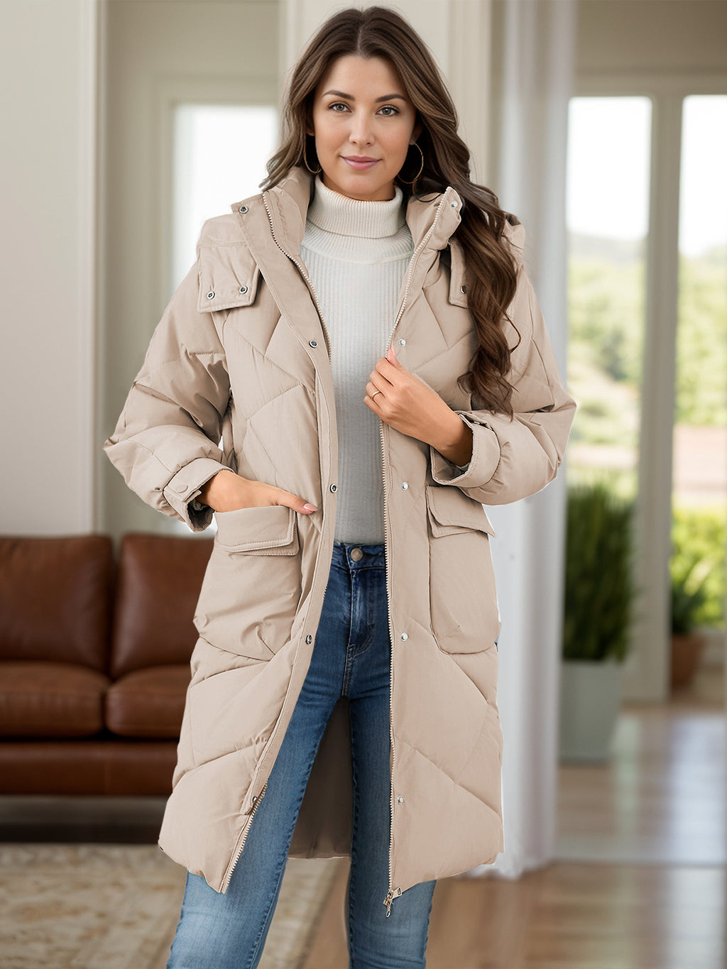 Long Sleeve Longline Hooded Winter Coat with Pockets - Whispering Desires Shoppe