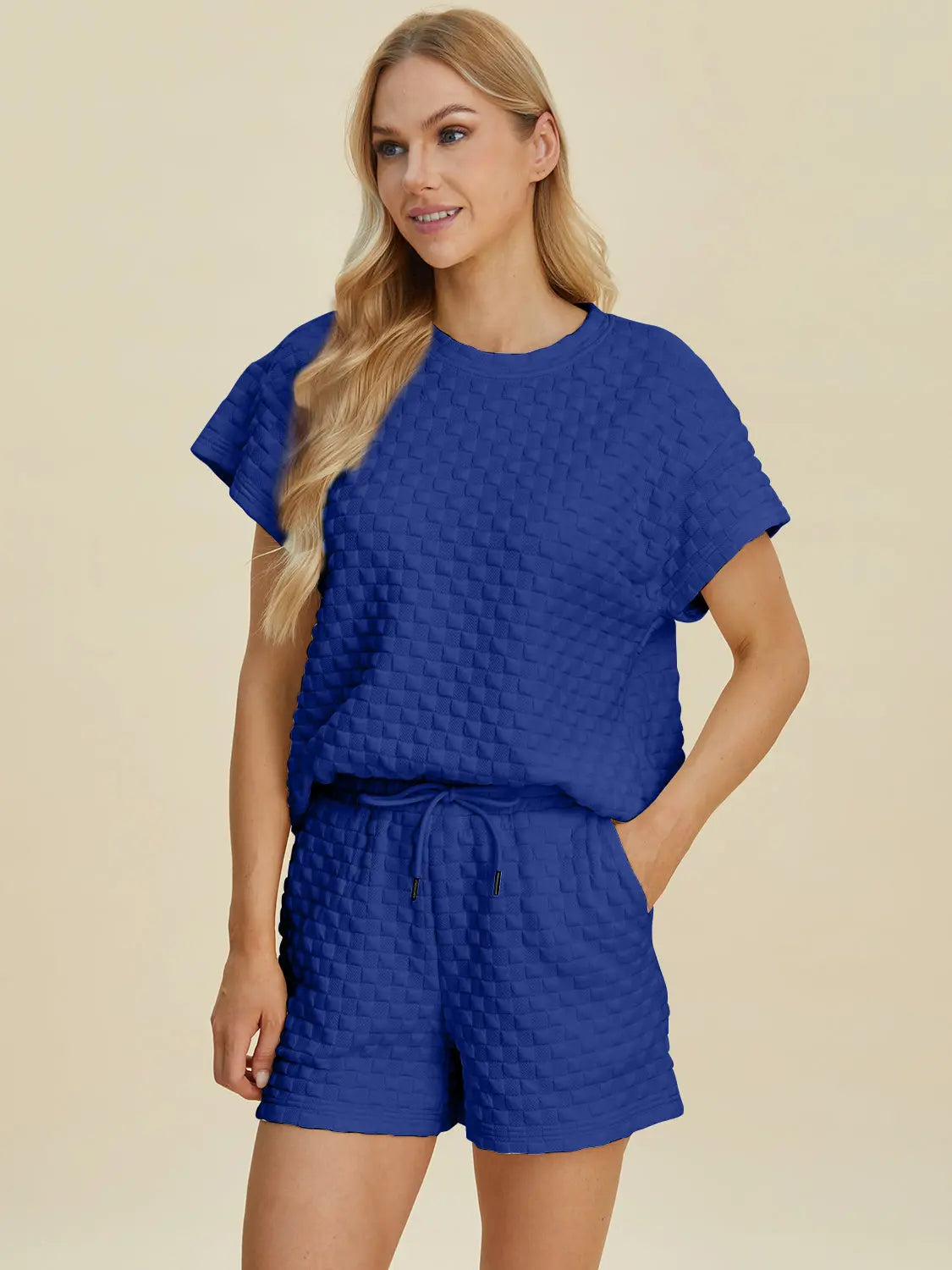 Double Take Textured T-Shirt & Drawstring Shorts Set - Whispering Desires Shoppe