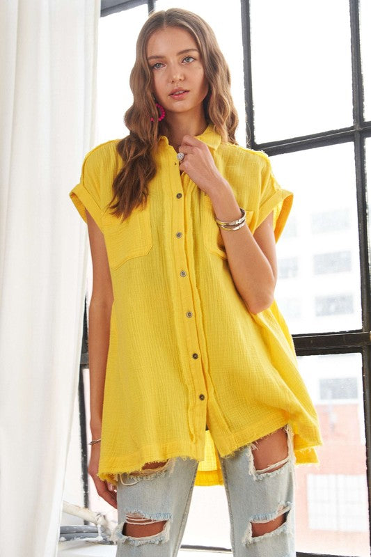 ADORA Raw Hem Collared Neck Button Down Shirt - Whispering Desires Shoppe