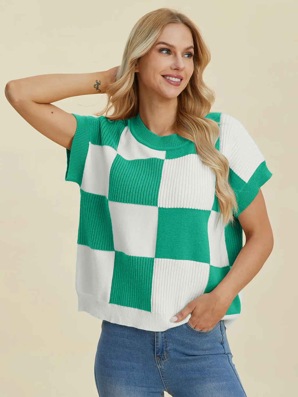 Double Take Checkered Round-Neck Short-Sleeve Sweater - Whispering Desires Shoppe