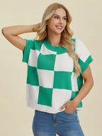 Double Take Checkered Round-Neck Short-Sleeve Sweater - Whispering Desires Shoppe
