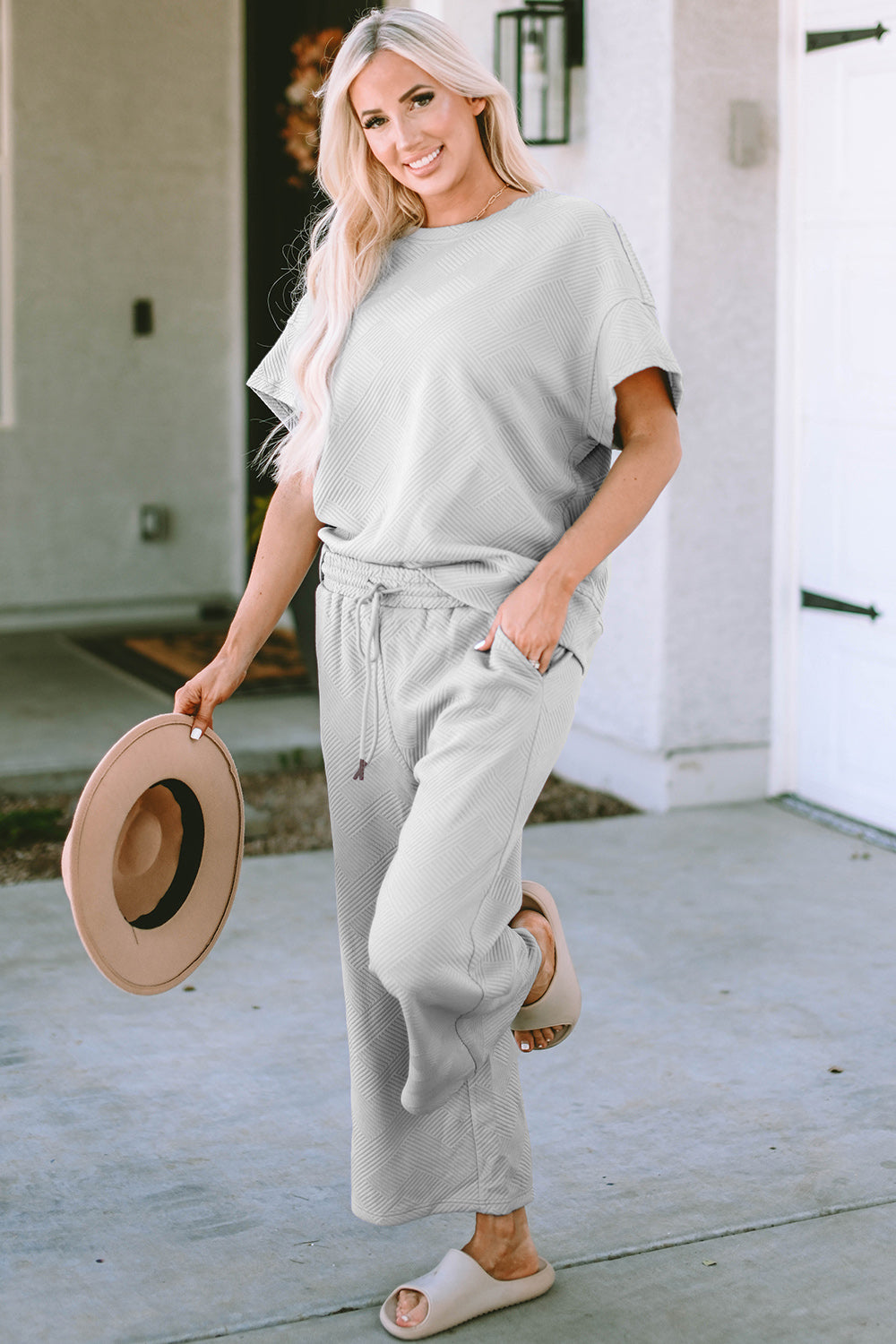 Double Take Full Size Texture Short Sleeve Top and Pants Set - Whispering Desires Shoppe