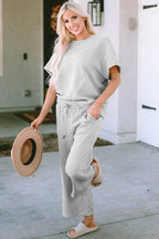Double Take Full Size Texture Short Sleeve Top and Pants Set - Whispering Desires Shoppe