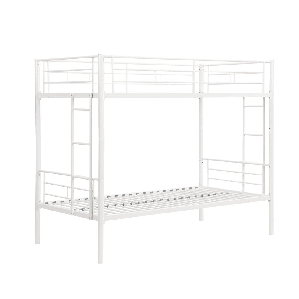 Twin metal bunk beds, metal structure bed frame with safety guardrails and 2 ladders, convertible bunk beds, white eprolo