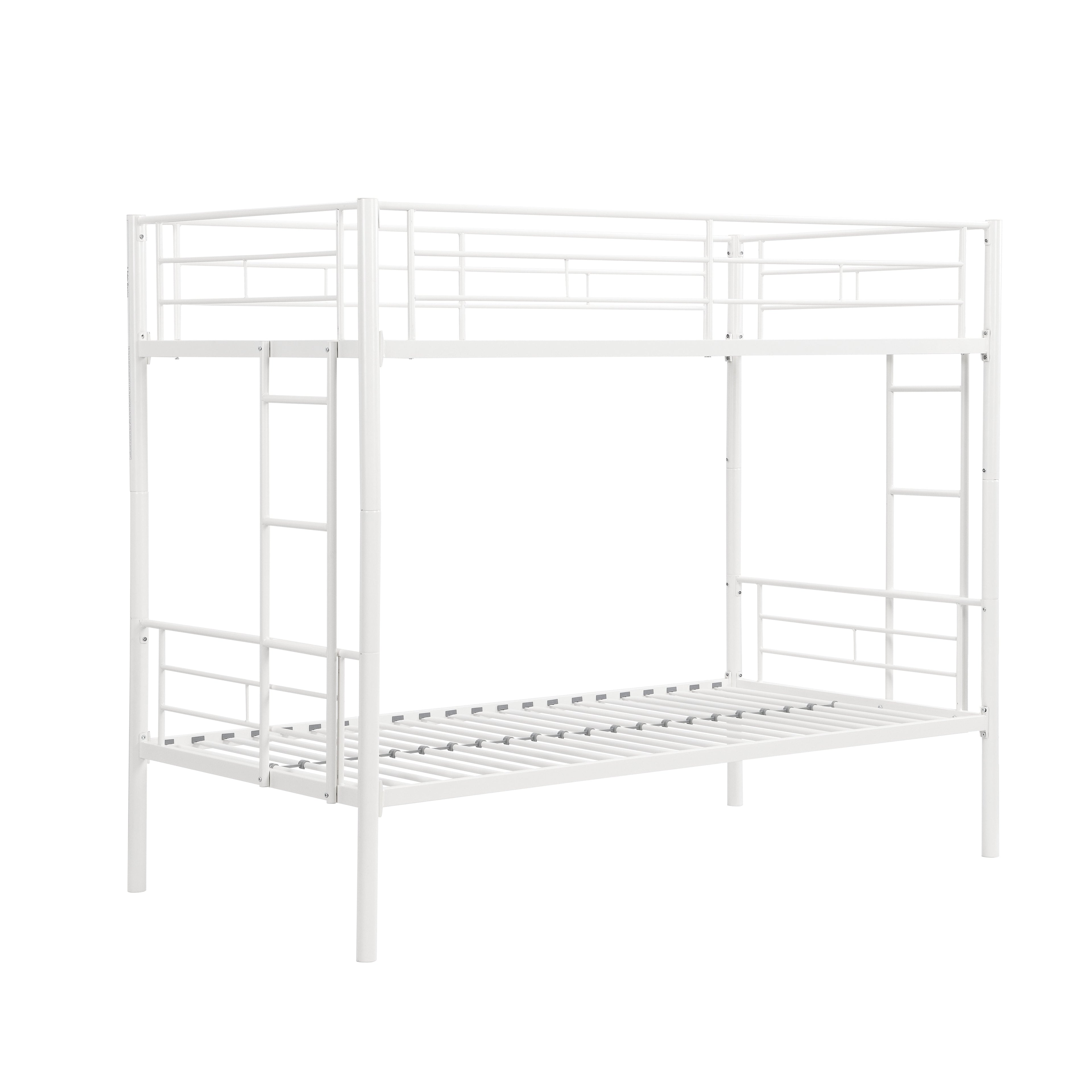 Twin metal bunk beds, metal structure bed frame with safety guardrails and 2 ladders, convertible bunk beds, white eprolo