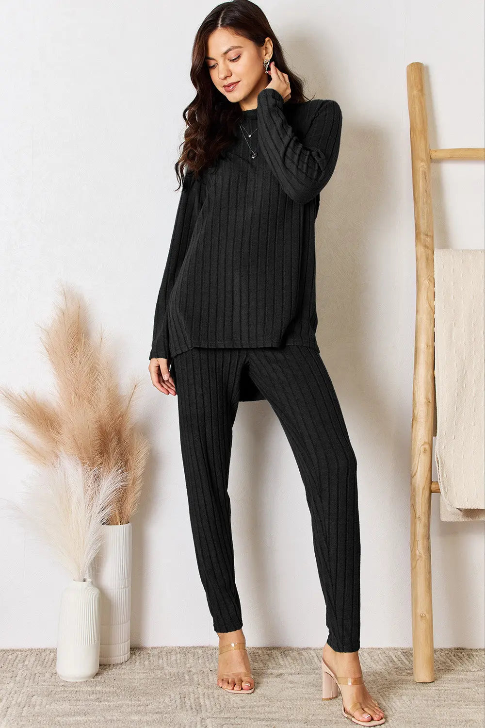 Trendsi Basic Bae Ribbed High-Low Top and Pants 2-Piece Loungewear Set - Whispering Desires Shoppe