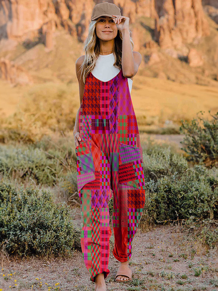 Full-Size Printed V-Neck Sleeveless Jumpsuit with Pockets - Whispering Desires Shoppe