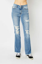 Judy Blue Distressed Raw-Hem Bootcut Jeans - Whispering Desires Shoppe