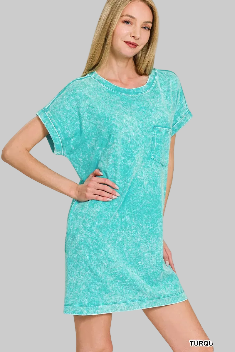 Zenana Premium Cotton Washed T-Shirt Dress with Pockets | Trendsi Trendsi