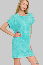 Zenana Premium Cotton Washed T-Shirt Dress with Pockets | Trendsi Trendsi