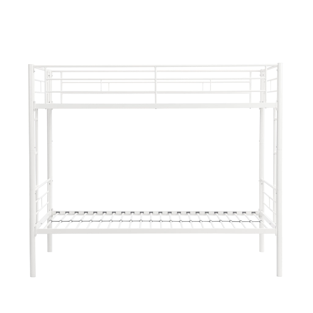 Twin metal bunk beds, metal structure bed frame with safety guardrails and 2 ladders, convertible bunk beds, white eprolo