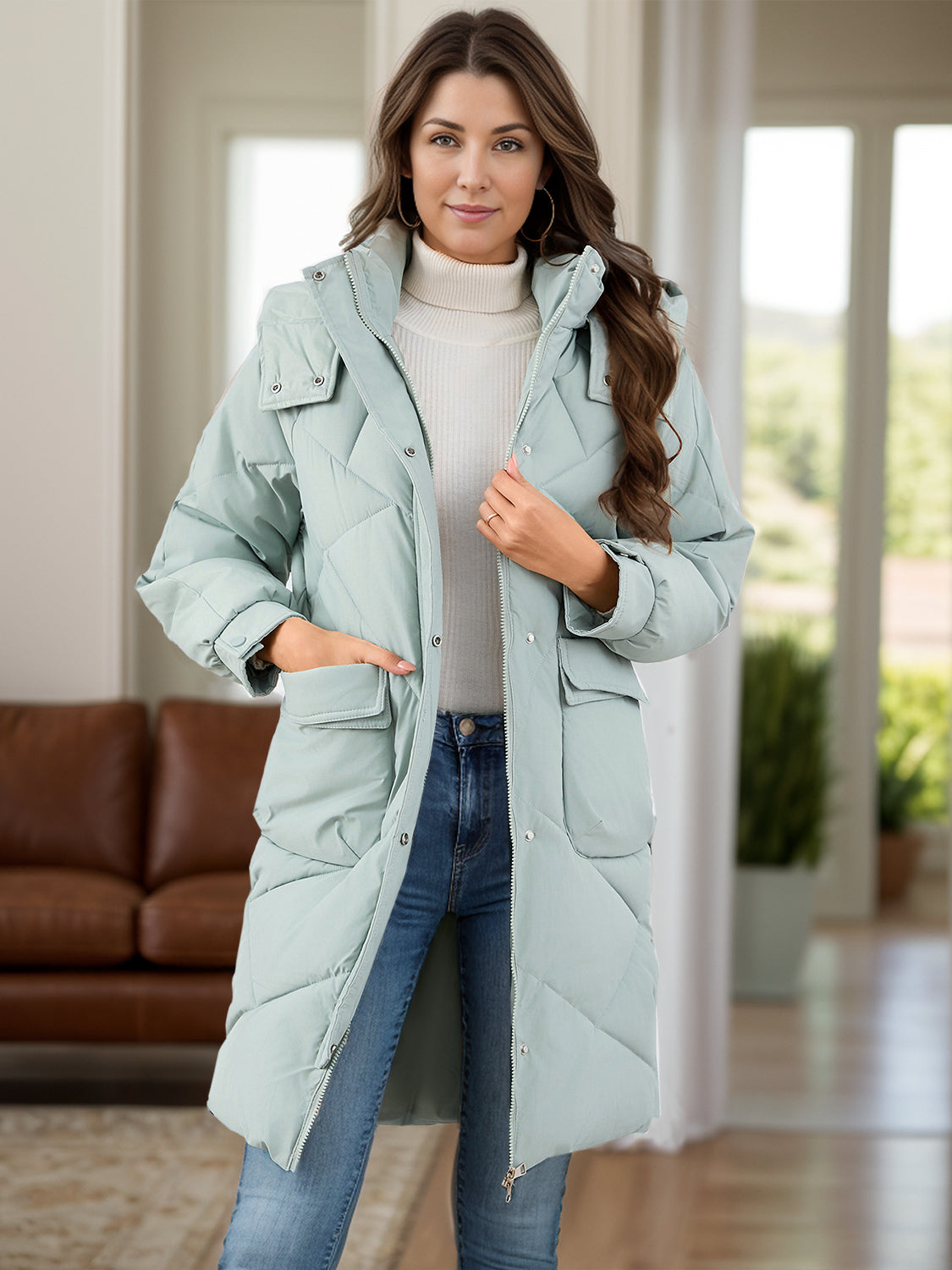 Long Sleeve Longline Hooded Winter Coat with Pockets - Whispering Desires Shoppe