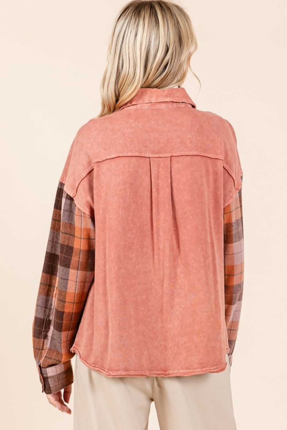 Mittoshop Button Down Contrast Plaid Patchwork Shacket - Whispering Desires Shoppe