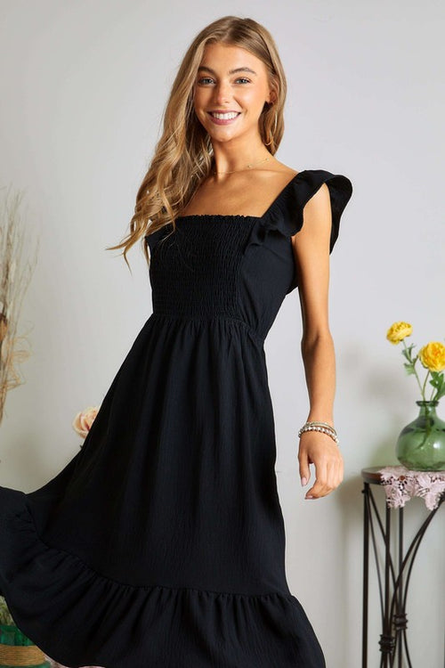 ADORA Smocked Square Neck Ruffled Cap Sleeve Dress - Whispering Desires Shoppe