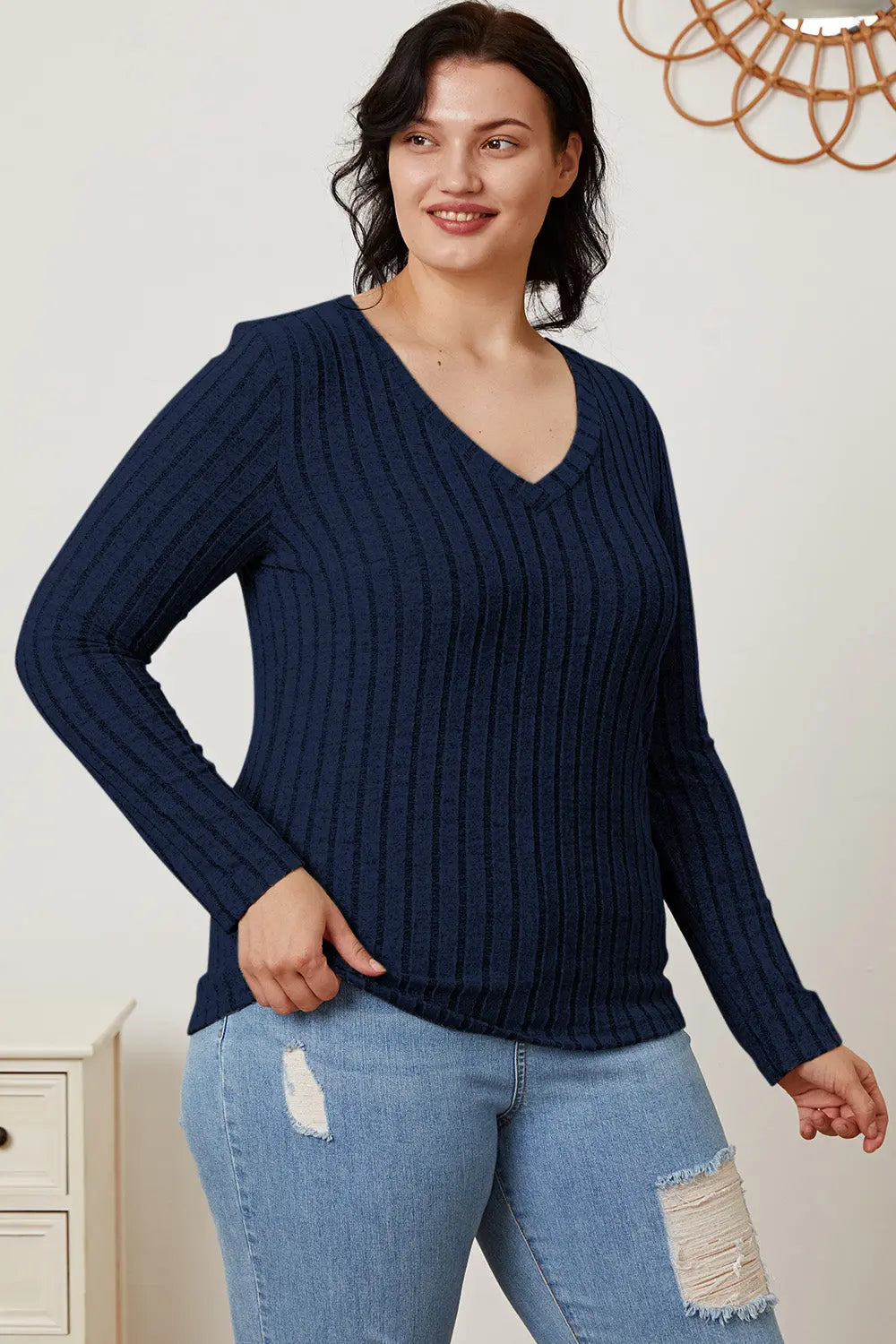 Basic Bae Ribbed V-Neck Long Sleeve Tee - Whispering Desires Shoppe