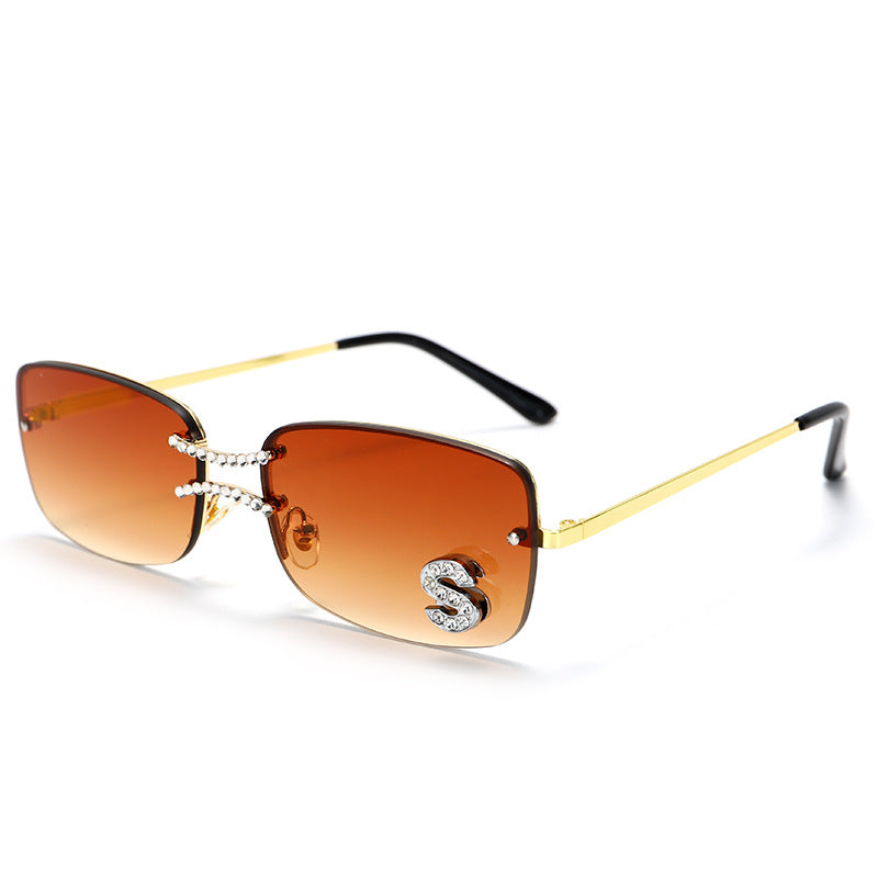 New Hong Kong Style Square Fashion Double Nose Bridge Frameless Metal Sunglasses Hip-Hop Style Ocean Piece Letter S Diamond Sunglasses eprolo