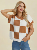 Double Take Checkered Round-Neck Short-Sleeve Sweater - Whispering Desires Shoppe