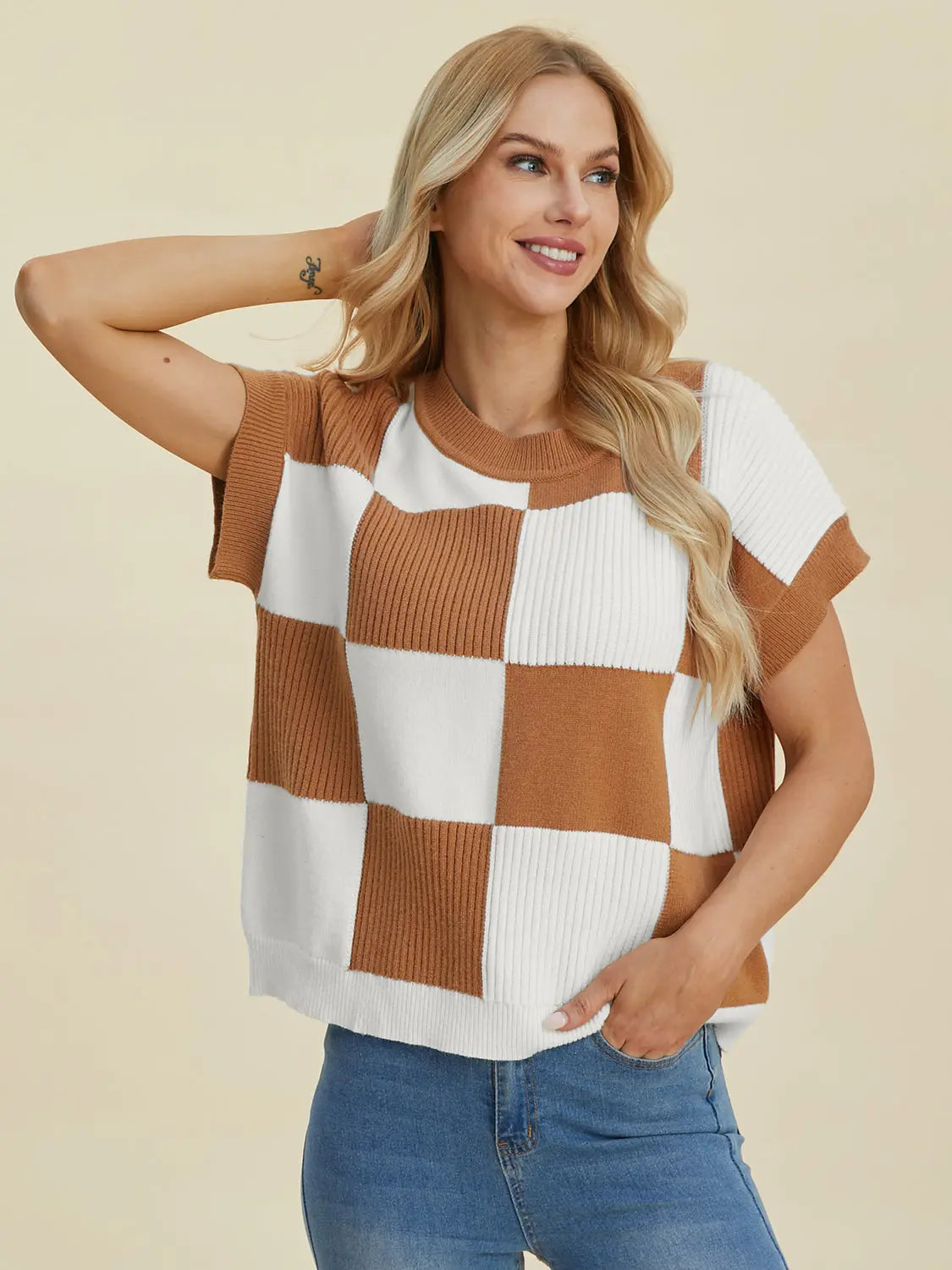 Double Take Checkered Round-Neck Short-Sleeve Sweater - Whispering Desires Shoppe