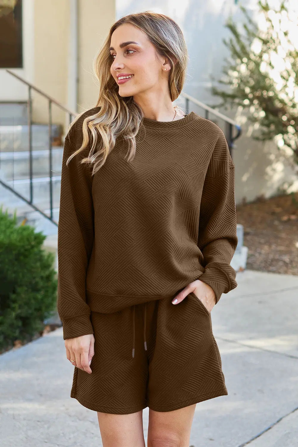 Double Take Textured Long Sleeve Top & Shorts Set - Whispering Desires Shoppe