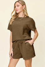 Double Take Textured Tee & Drawstring Shorts Set - Whispering Desires Shoppe