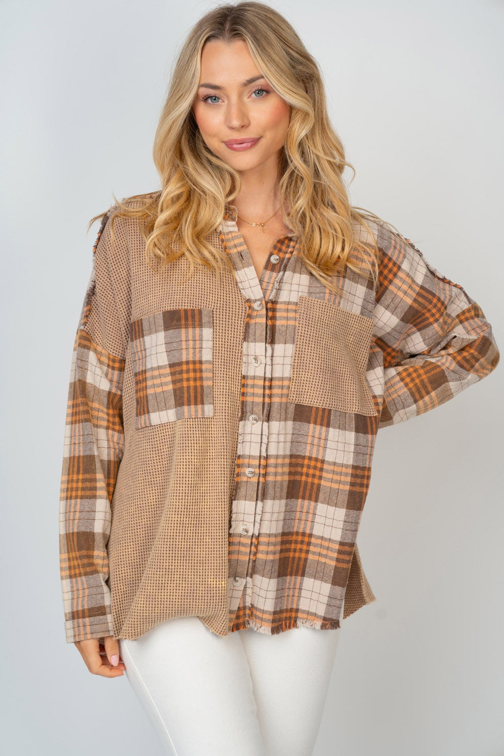 White Birch Full Size Contrast Plaid Button Down Shirt - Whispering Desires Shoppe