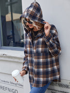 Ivy Lane Plaid Button Up Long Sleeve Hooded Jacket - Whispering Desires Shoppe
