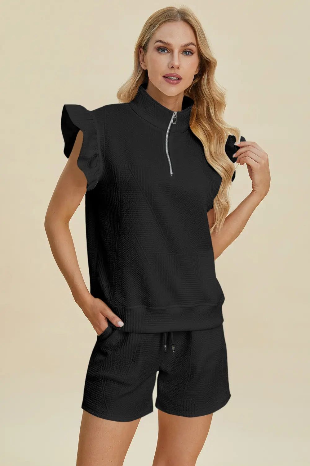 Double Take Flounce Sleeve Top & Drawstring Shorts - Whispering Desires Shoppe