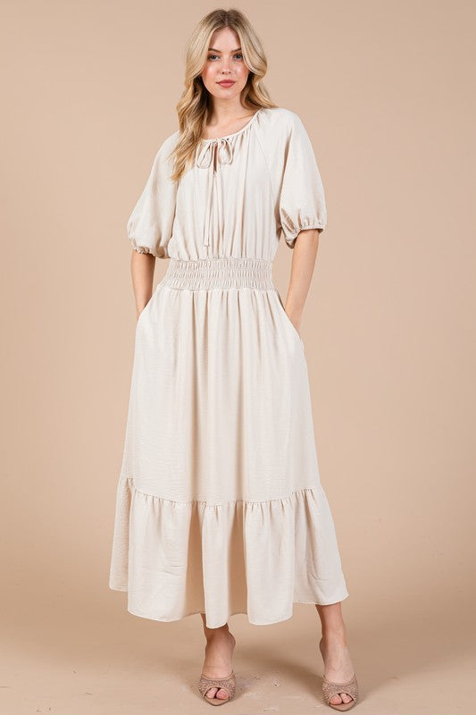 Ces Femme Smocked Elastic Waist Tie Neck Puff Sleeve Dress - Whispering Desires Shoppe
