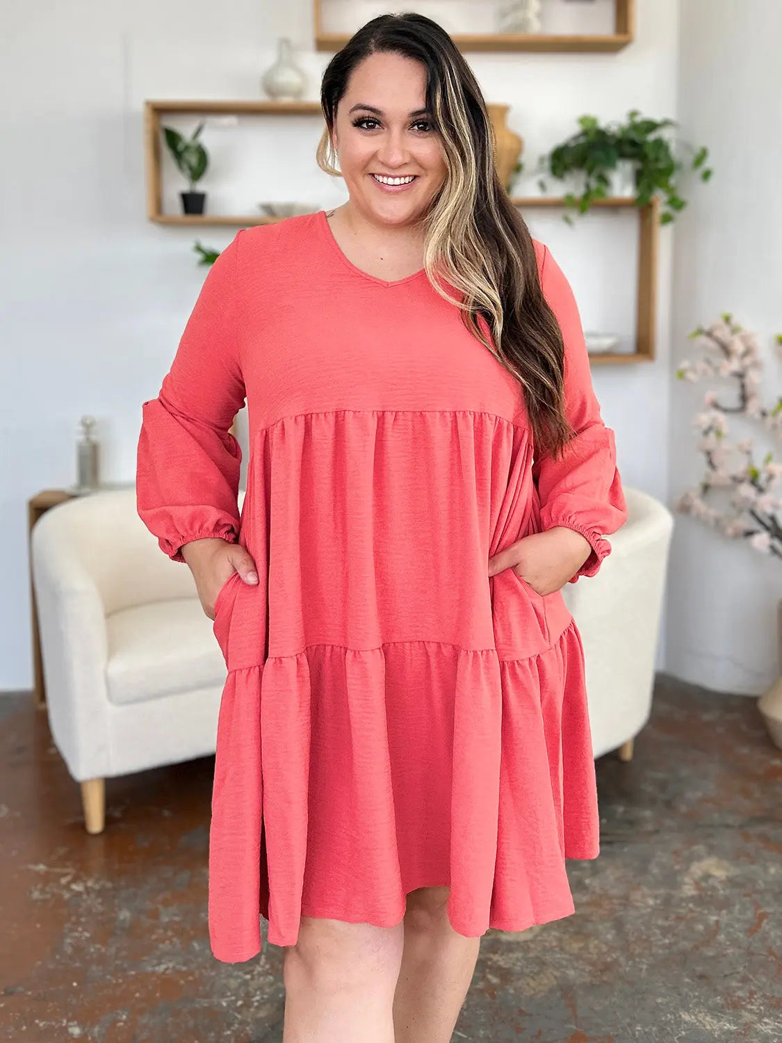 Double Take V-Neck Balloon Sleeve Tiered Dress w/ Pockets - Whispering Desires Shoppe