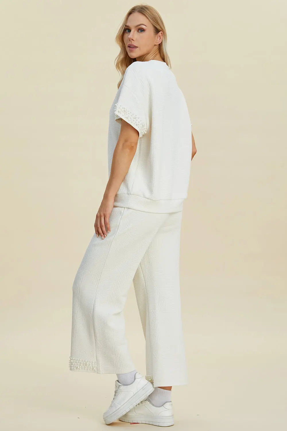 Double Take Full Size Pearl Detail Round Neck Top and Pants Set - Whispering Desires Shoppe