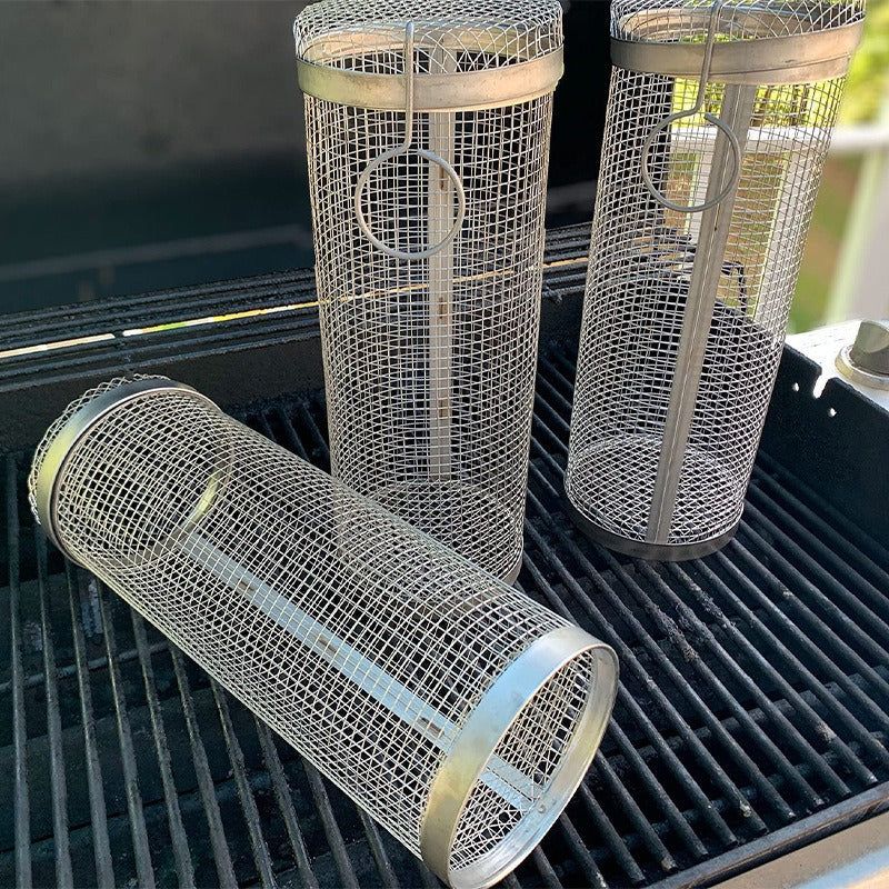Rolling Grilling Basket Metal BBQ Barbecue Basket Net Portable Outdoor Camping Barbecue Rack Kitchen Gadgets eprolo