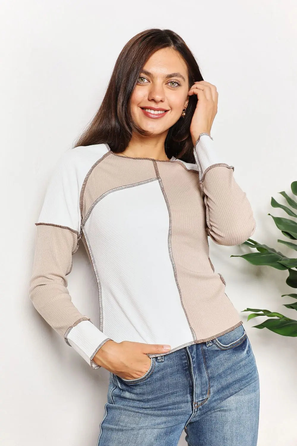 Double Take Colorblock Ribbed Exposed-Seam Top - Whispering Desires Shoppe