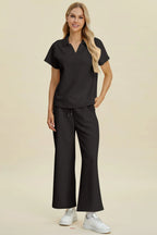 Double Take Collared Two-Piece Top & Wide-Leg Pants - Whispering Desires Shoppe