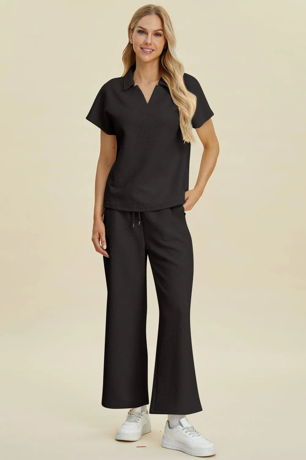 Double Take Collared Two-Piece Top & Wide-Leg Pants - Whispering Desires Shoppe