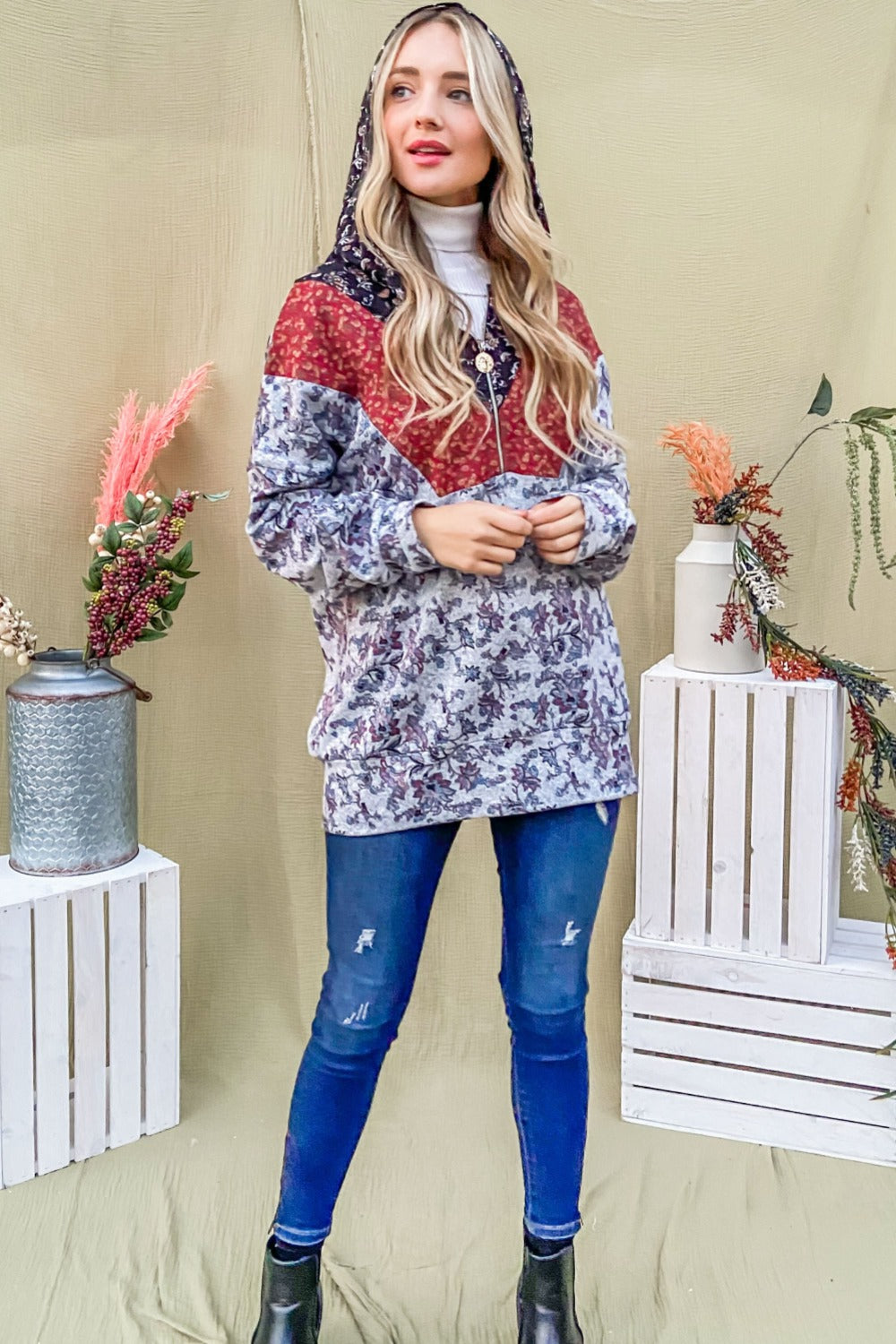 And The Why Printed Half Zip Up Long Sleeve Hoodie - Whispering Desires Shoppe
