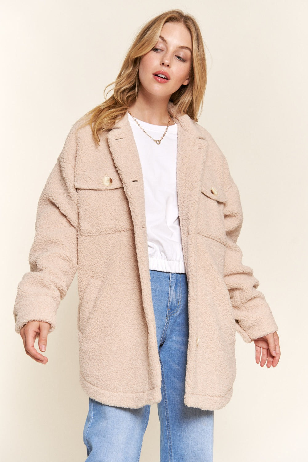 And The Why Teddy Sherpa Button Down Curved Hem Shacket - Whispering Desires Shoppe