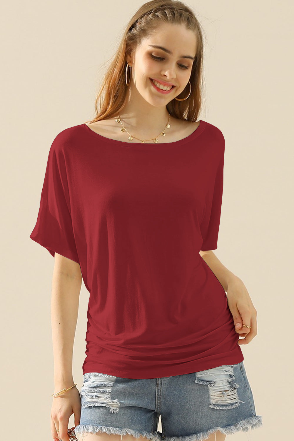 Ninexis Boat Neck Short Sleeve Ruched Side Top - Whispering Desires Shoppe