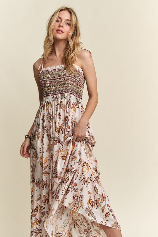 ADORA Smocked Printed Square Neck Tie Shoulder Cami Dress - Whispering Desires Shoppe