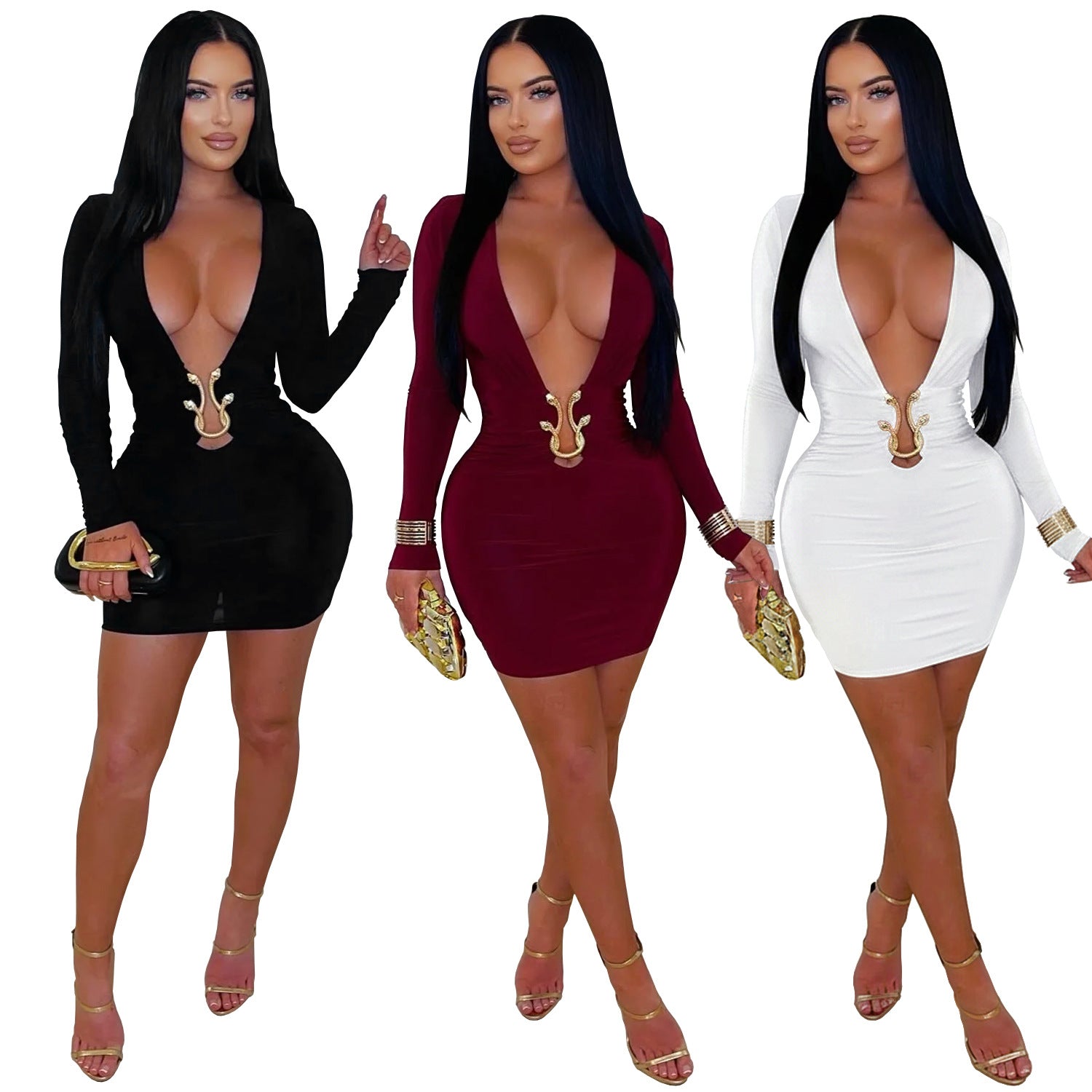 Fashionable Women's Sexy Deep V-Neck Bodycon Dress with Snake Pattern Accessories - Whispering Desires Shoppe