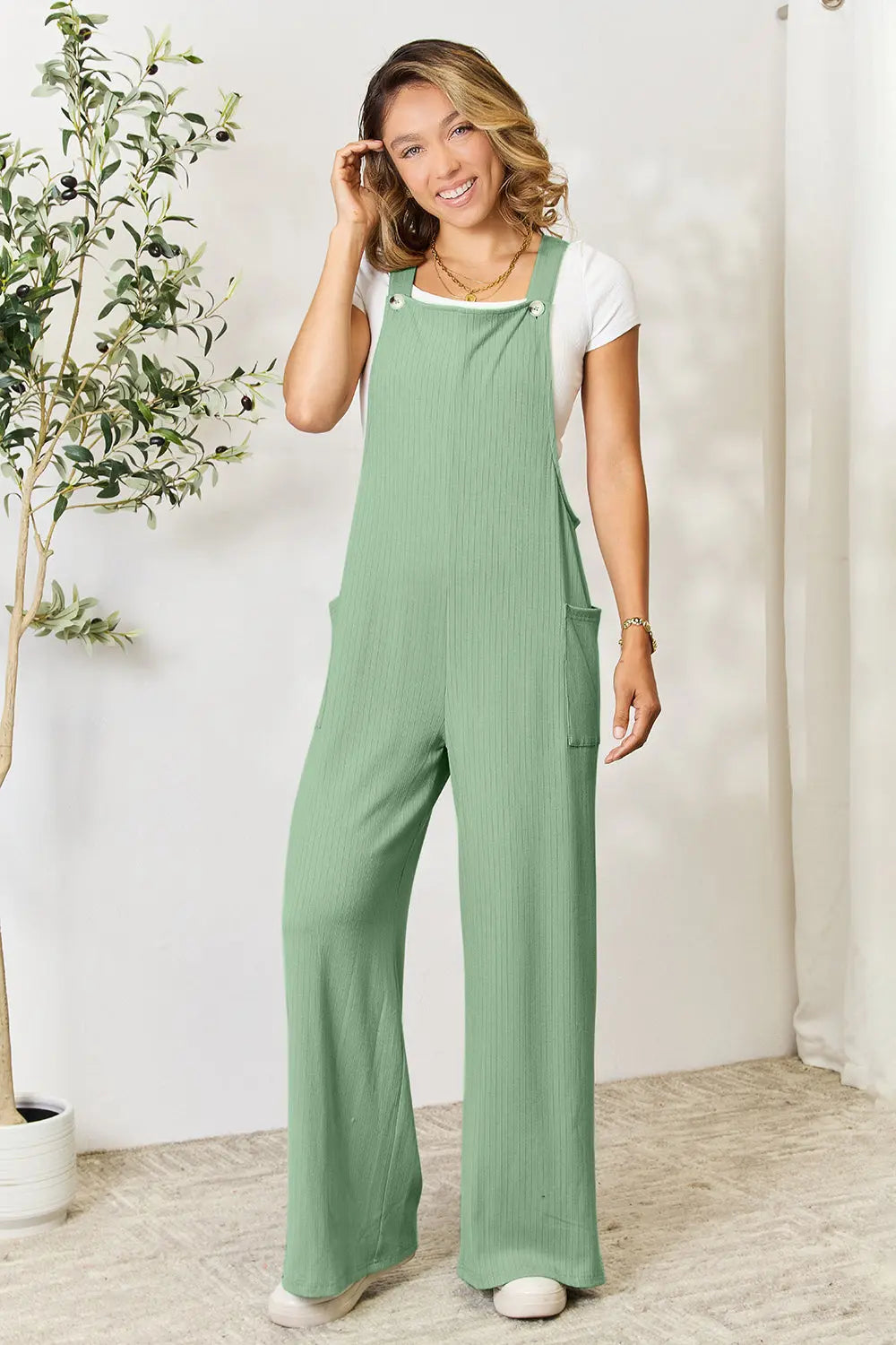 Double Take Wide-Strap Ribbed Overall with Pockets - Whispering Desires Shoppe