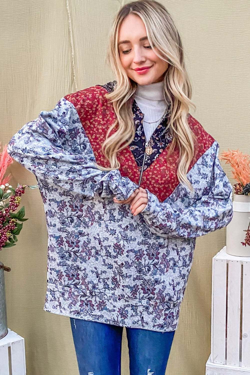 And The Why Printed Half Zip Up Long Sleeve Hoodie - Whispering Desires Shoppe