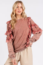 Mittoshop Ruffled Mineral Washed Round Neck Long Sleeve Sweatshirt - Whispering Desires Shoppe