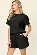 Double Take Textured Tee & Drawstring Shorts Set - Whispering Desires Shoppe