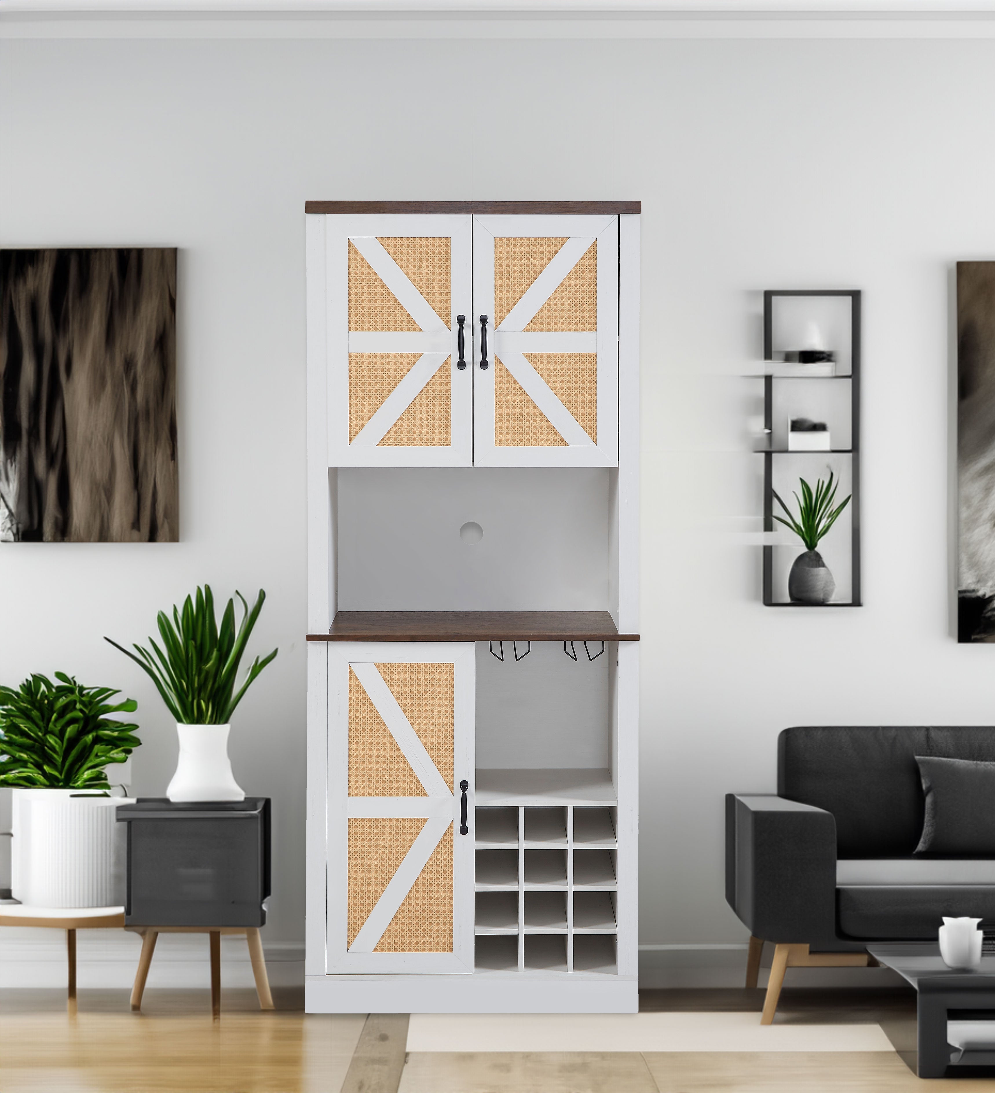 76 Inch Tall Farmhouse Kitchen Faux Rattan Wine Cabinet, Kitchen Bar Cabinet with Square Compartments and Shelves eprolo